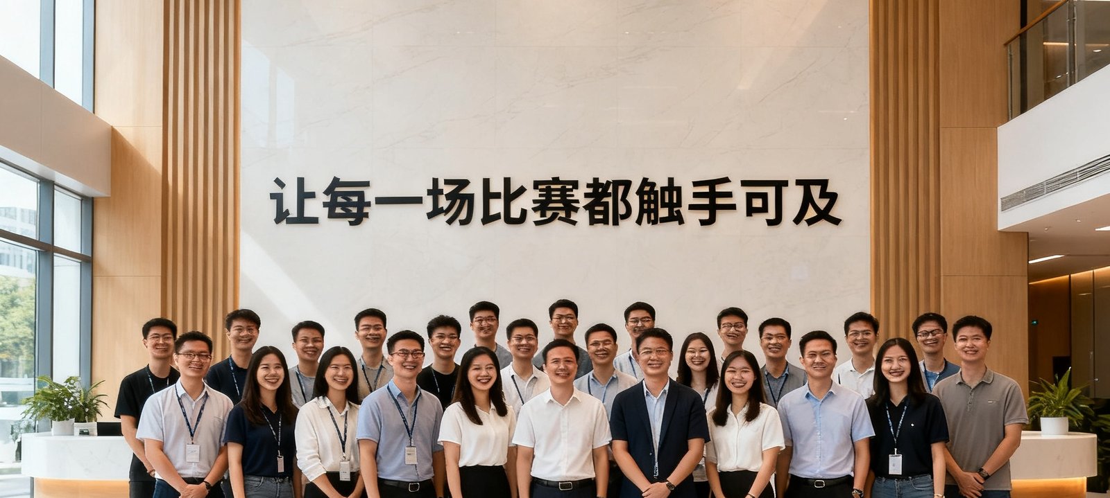 球探体育广州总部团队合影，180名员工在公司前台面带笑容，背景墙上写有让每一场比赛都触手可及的企业使命
